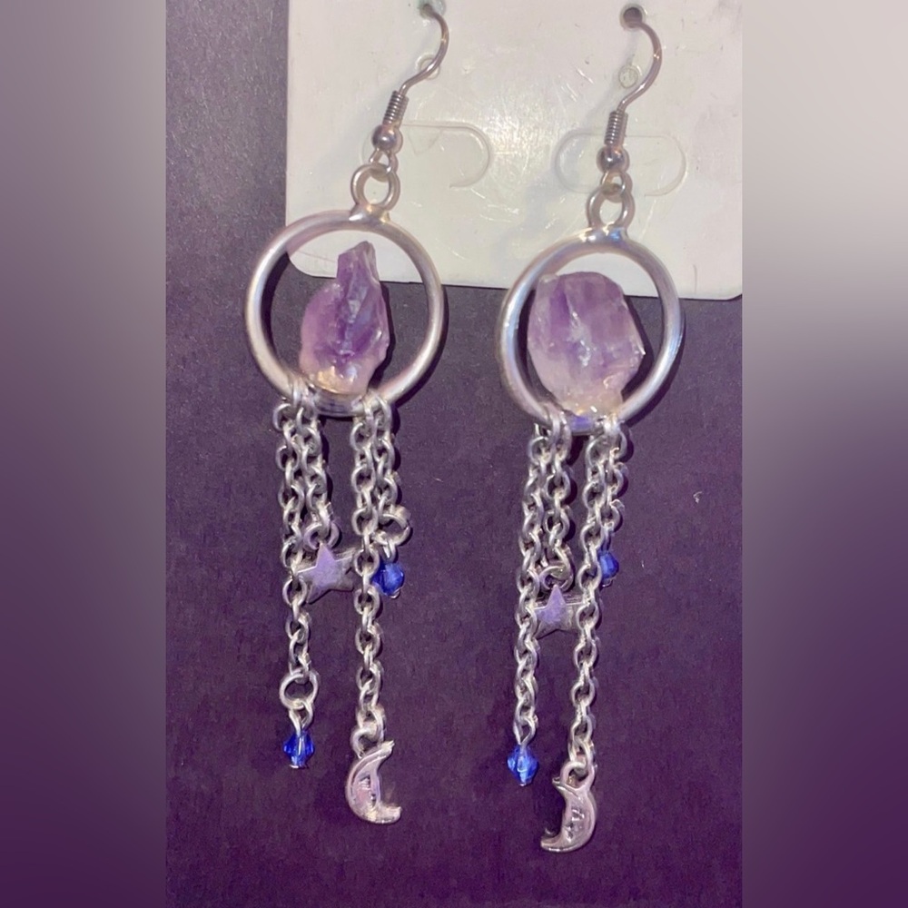 Beautiful Silver and Amethyst Moon and Star Earrings NEW